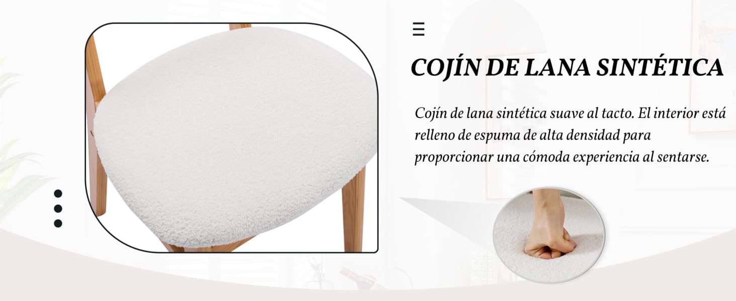 sobre silla de madera. El primer plano muestra una superficie suave y texturizada. La imagen insertada muestra la compresibilidad del cojín bajo la presión de los dedos, lo que indica
