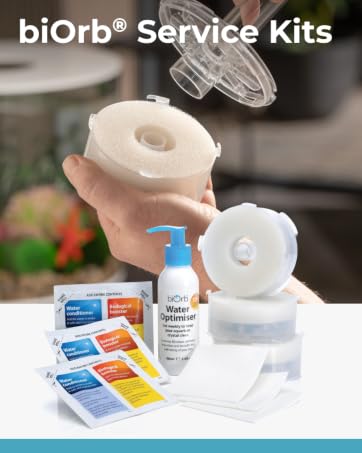 Text reads 'biOrb Service Kits'. Multiple product images showing aquarium maintenance supplies including filters, cleaning solutions, and water treatment products.