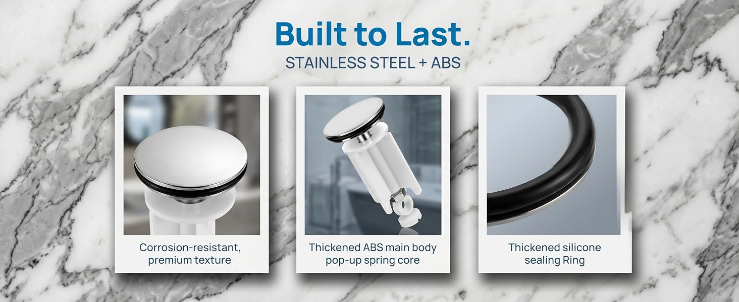 Text reads 'Built to Last. STAINLESS STEEL + ABS'. Three product images showing: ceramic-coated roller, stainless steel blade, and ergonomic handle design.