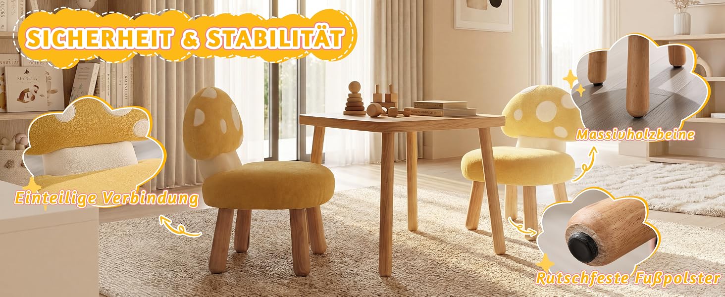 Der Text lautet: „HOME SWEET CAT HOME“ zeigt Kindermöbel mit Katzenmotiven in warmem Licht, einschließlich kleiner Stühle und Tisch.