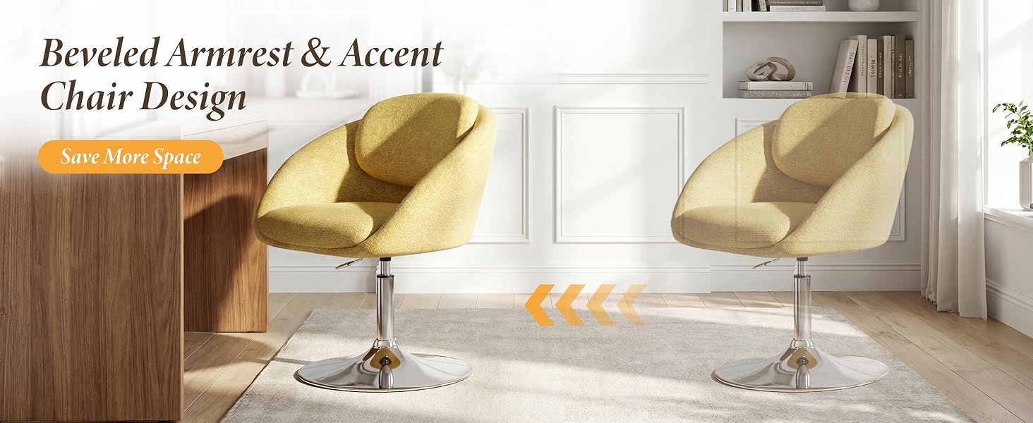 Text reads "Reveled Armrest &amp; Accent Chair Design". Modern accent chair with mustard-yellow upholstered seat and wooden frame, shown in bright living room setting.