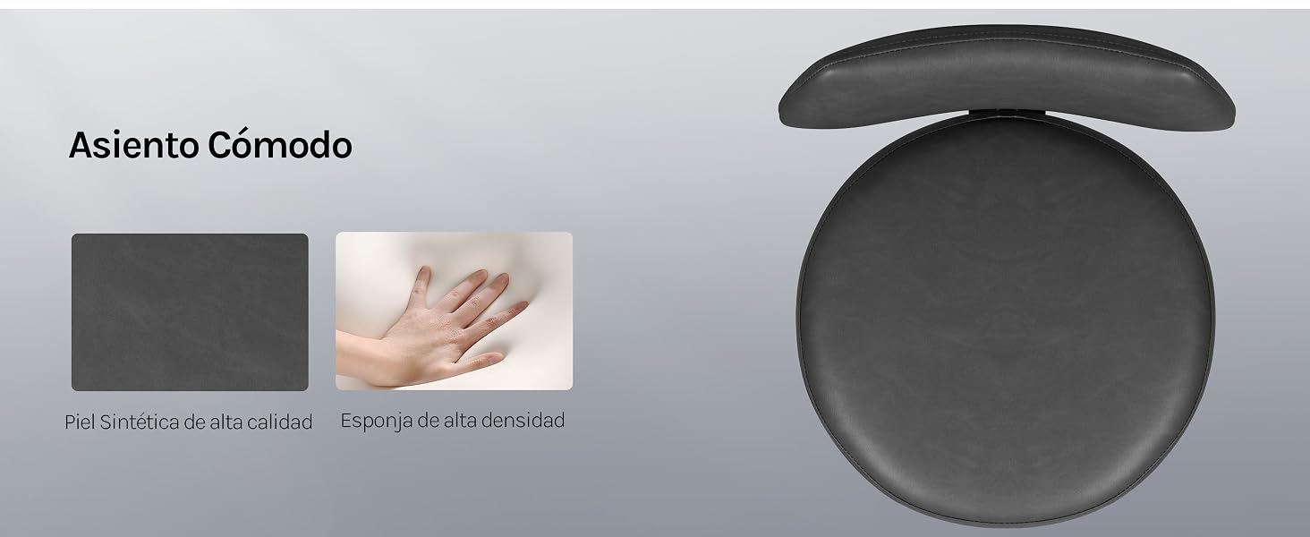 El texto dice «Asiento cómodo». El asiento o almohadilla acolchado de color negro se muestra con una superficie texturizada e incluye dos imágenes detalladas más pequeñas que muestran la textura y el material aplicado en las manos.
