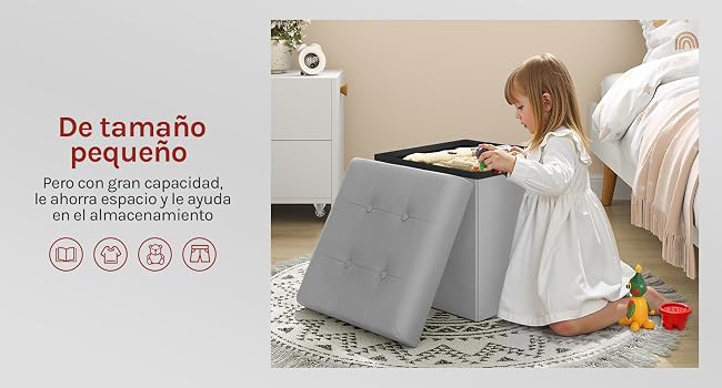 se muestra en casa con texto superpuesto en español que describe su tamaño compacto y su capacidad de almacenamiento
