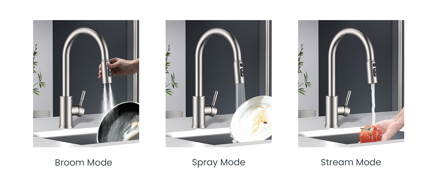 Modern kitchen faucet demonstrating three spray modes: broom, spray, and stream, shown in sequential panels with water flow patterns.