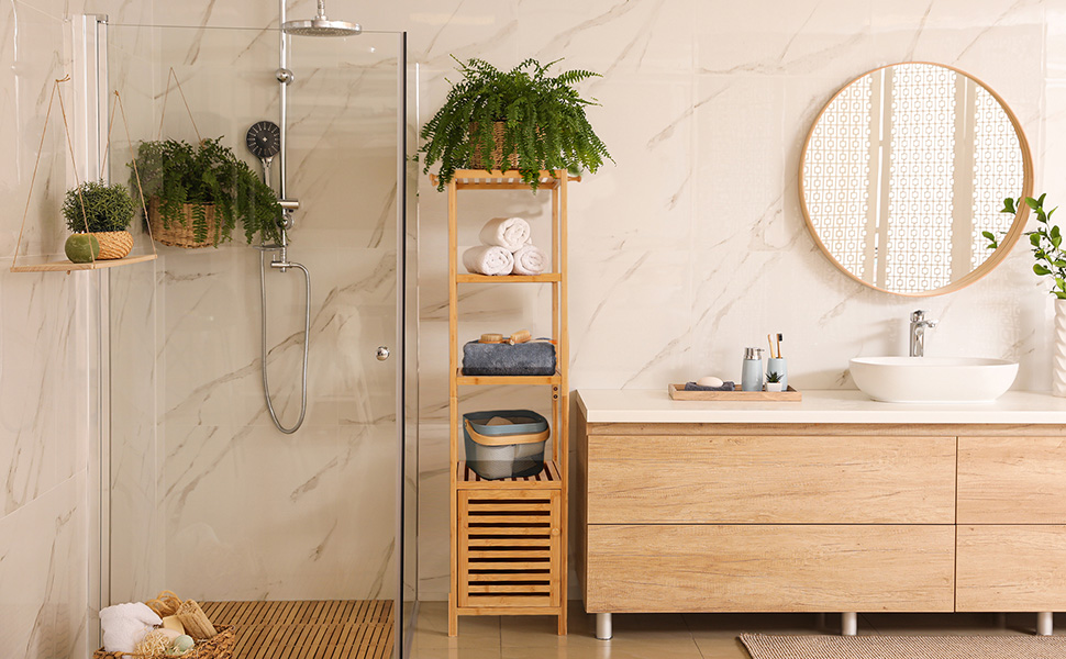 UNHO Mobiletto da Bagno Alto Bambù con 3 Ripiani a Terra 34x33x140 cm