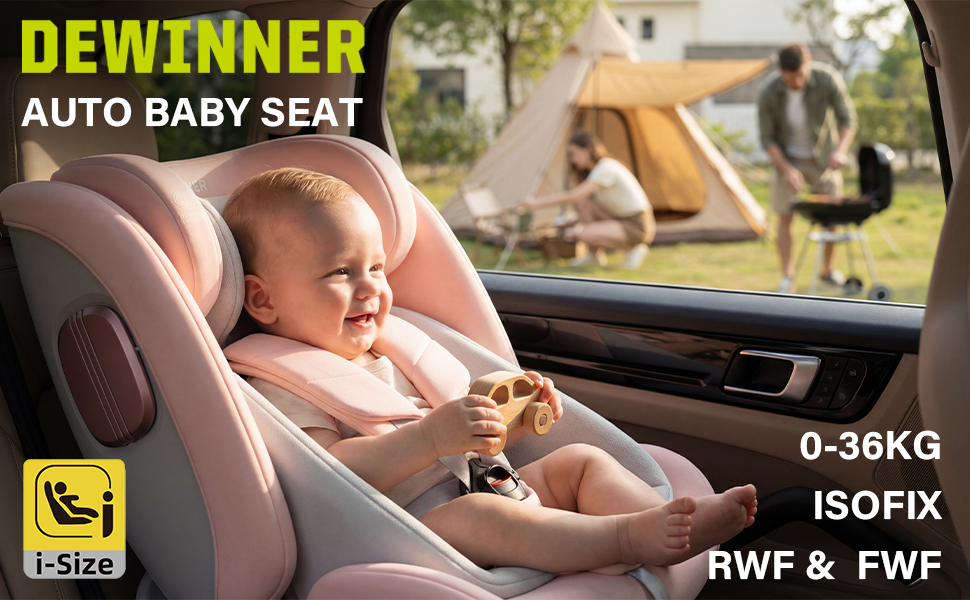Le texte indique « DEWINNER », « SIÈGE AUTO POUR BÉBÉ », « 0-36 KG », « ISOFIX », « RWF & FWF ». Publicité présentant des images de produits de siège auto et des caractéristiques de sécurité.
