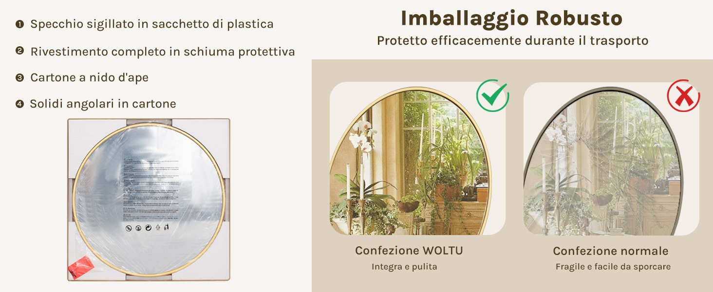 Specchio rotondo con cornice dorata. Le caratteristiche dell'imballaggio includono sacchetto di plastica, schiuma protettiva e scatola di cartone. L'immagine confronta i robusti imballaggi «WOLTU» con gli imballaggi standard per un trasporto sicuro