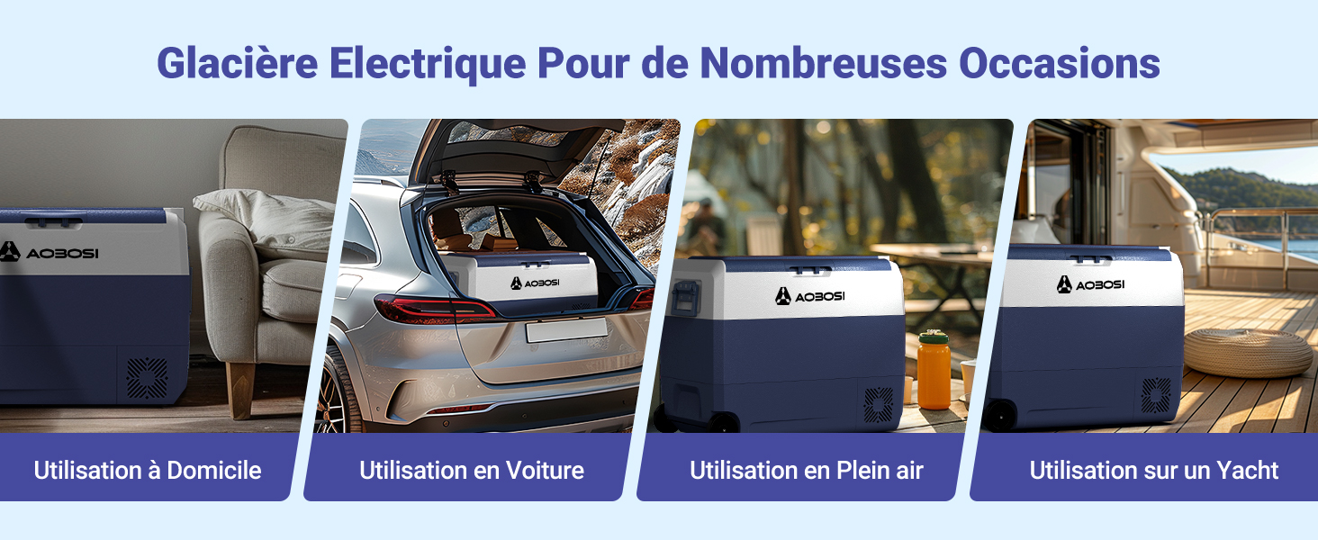 Glacière électrique portable présentée dans différents scénarios d'utilisation : à la maison, en voiture, à l'extérieur et sur un yacht. Le texte en français indique la polyvalence.