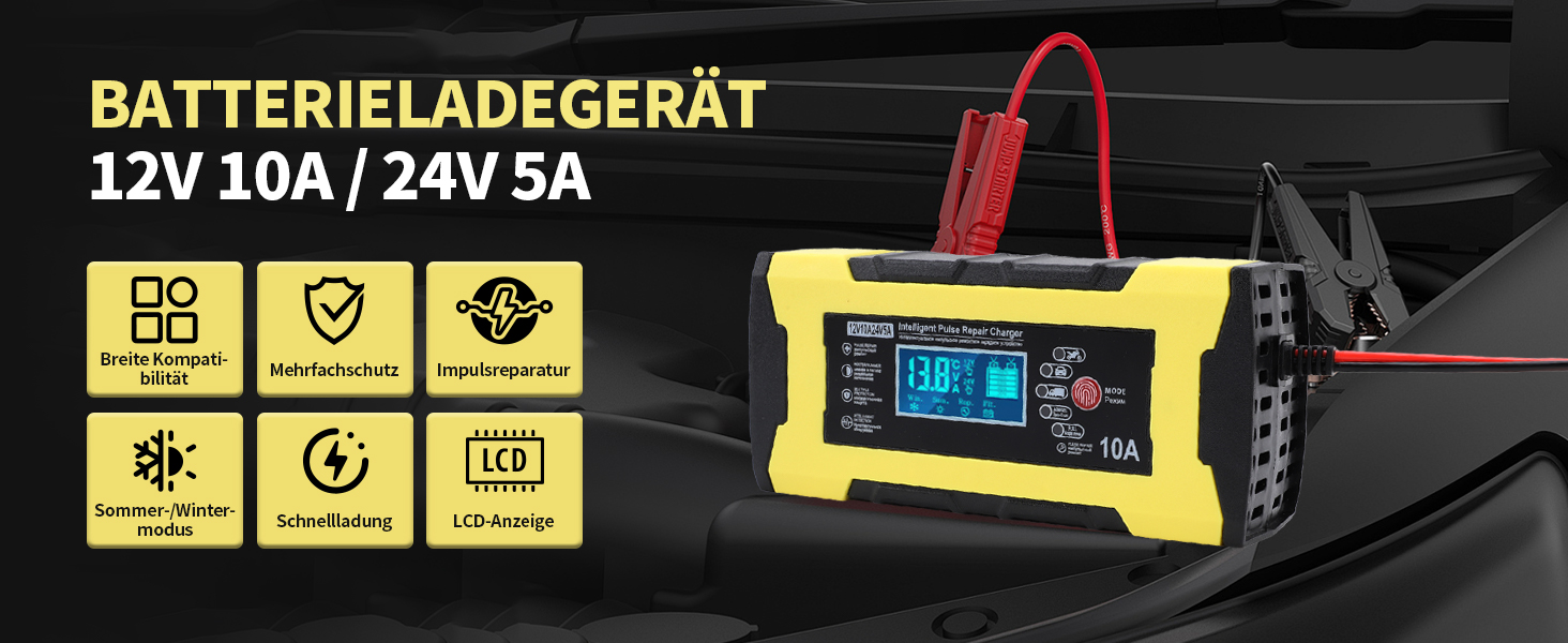 Der Text lautet 'BATTERIELADEGERÄT 12V 10A/24V 5A' mit gelben Diagnosesymbolen und Schnittstellenanzeige eines Batterieladegeräts.