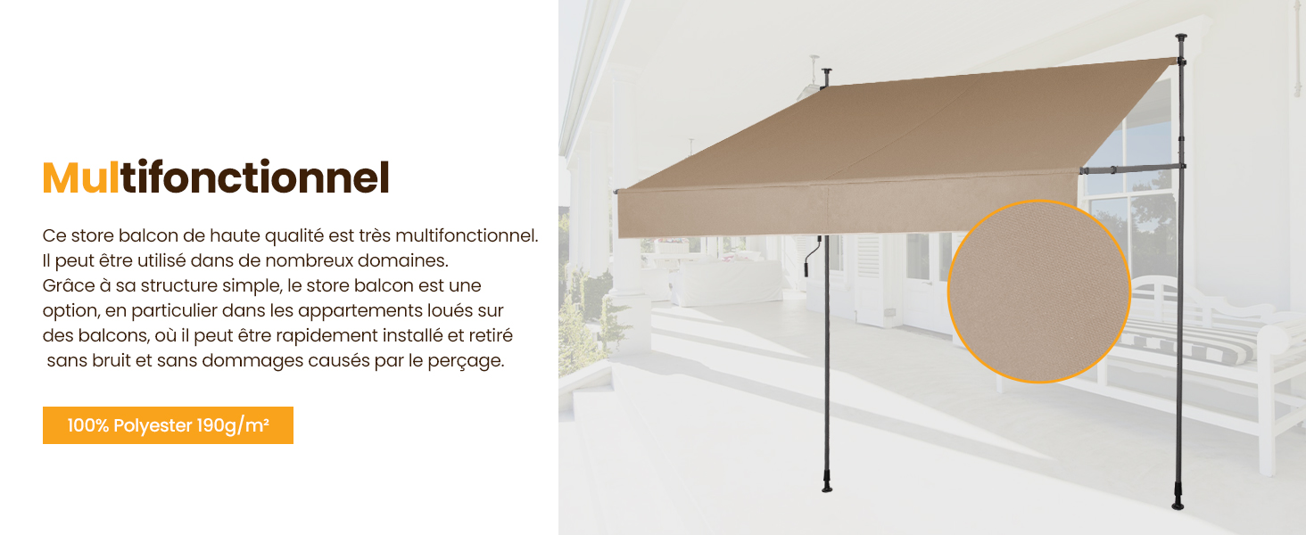 Le texte indique « Multifonctionnel ». Photo du produit montrant un store extérieur beige ou un système d'auvent avec matériel de montage.