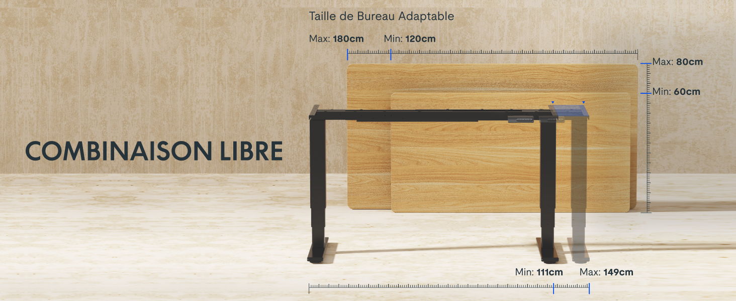 Schéma technique montrant les dimensions d'un cadre de table minimaliste en bois et en métal avec annotations de mesure