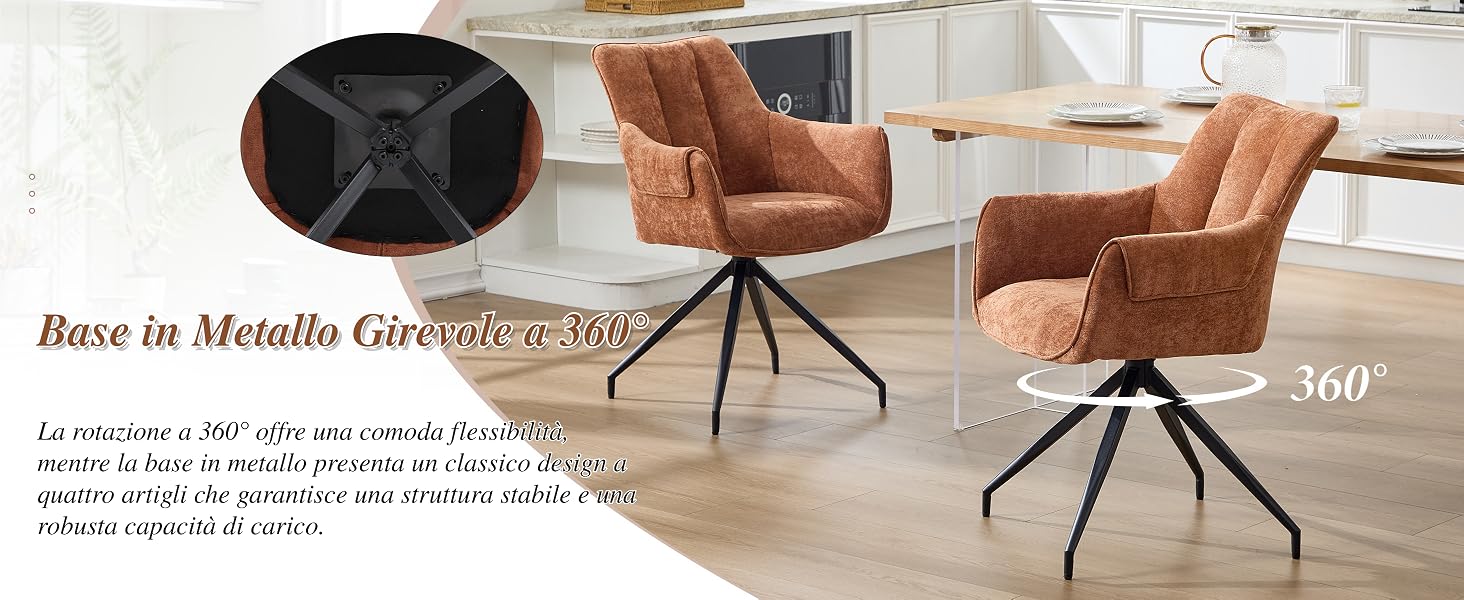 Il testo recita «Base in Metalla Grey/metallic» con indicatore «360°». Presenta una sedia girevole in finitura grigio metallizzato da più angolazioni in un ambiente interno moderno.