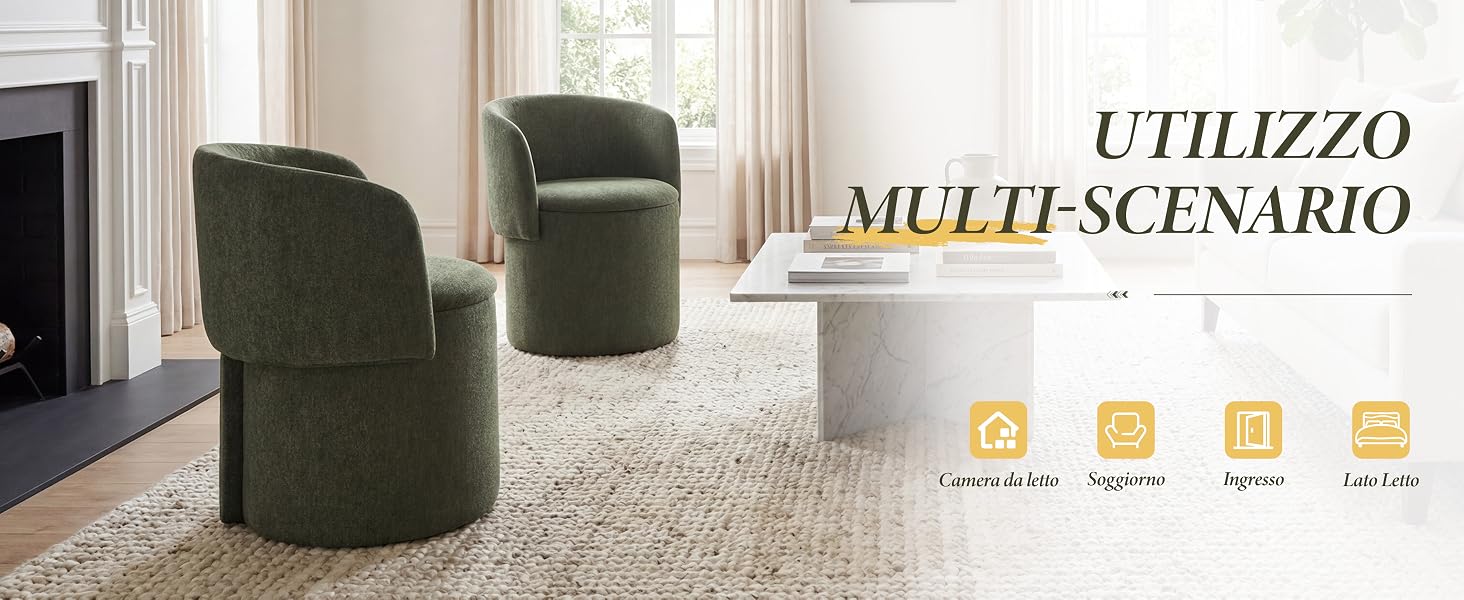 Il testo riporta «UTILIZZO» e «MULTI-SCENARIO». Scene interne che mostrano un pouf o un pouf in velluto verde in diverse impostazioni della stanza con indicatori a icone.