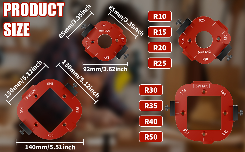 Red square-shaped product size guides with central holes, showing various sizes from R10 to R50. Dimensions are listed, with the largest being 140mm/5.51inch.