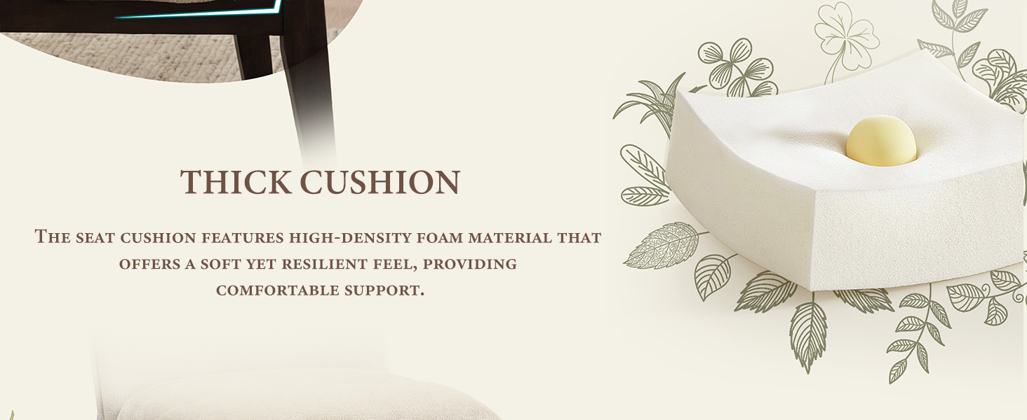 Text reads: 'THICK CUSHION', 'THE SEAT CUSHION FEATURES HIGH-DENSITY FOAM MATERIAL THAT OFFERS A SOFT YET RESILIENT FEEL, PROVIDING COMFORTABLE SUPPORT.' Product photo of a cushion.