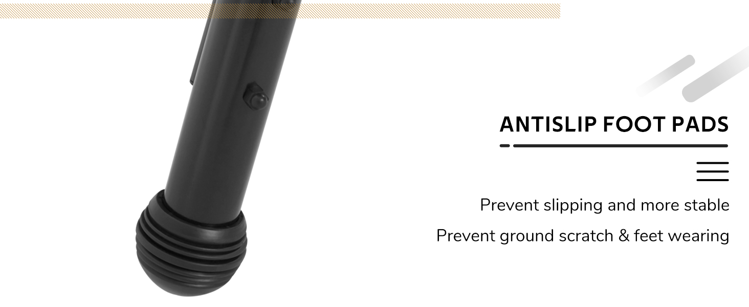 Text reads: 'ANTISLIP FOOT PADS' 'Prevent slipping and more stable' 'Prevent ground scratch &amp; feet wearing'. Shows black rubber foot pad attached to metal pole.