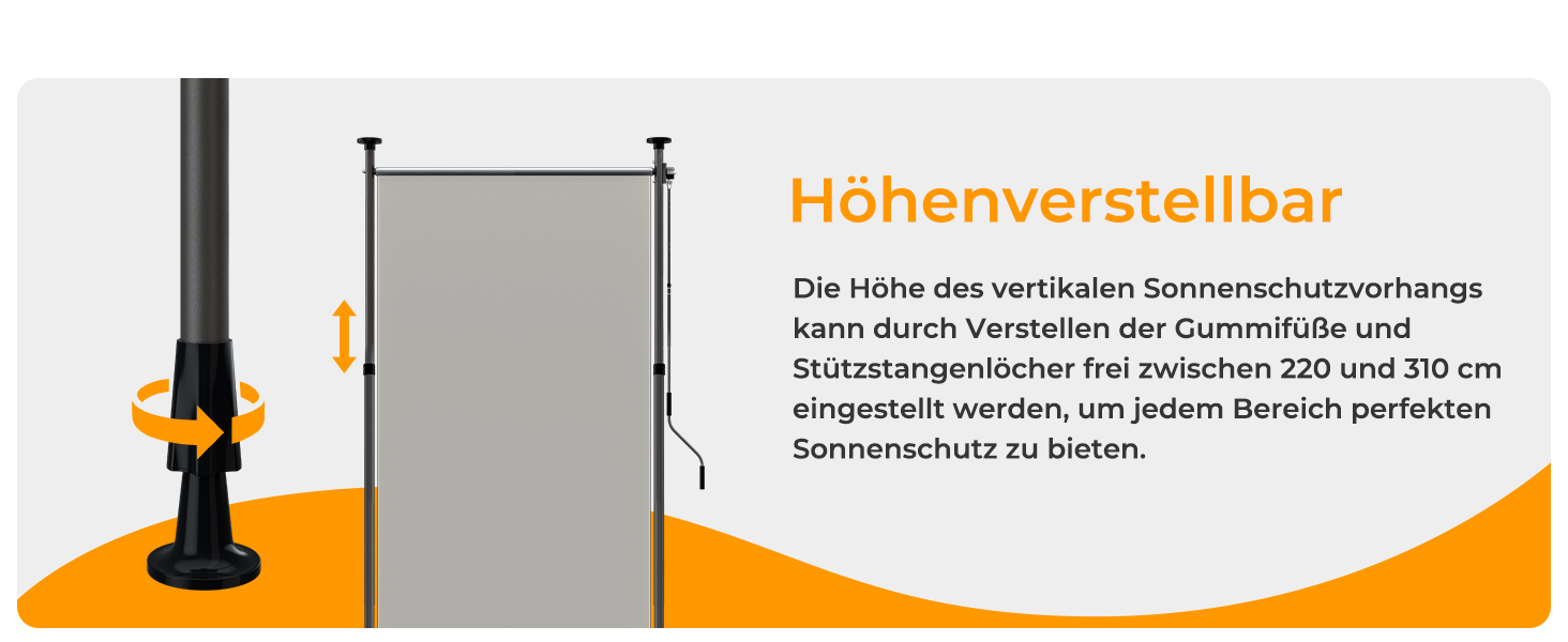 Der Text lautet „Höhenverstellbar“. Mehrere Produktdemonstrationsbilder zeigen einen höhenverstellbaren Mechanismus mit orangefarbenen und weißen Grafikelementen.