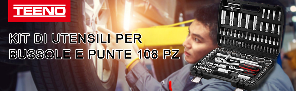Set di bussole e inserti Teeno da 108 pezzi esposti in una custodia da trasporto nera con scomparti organizzati