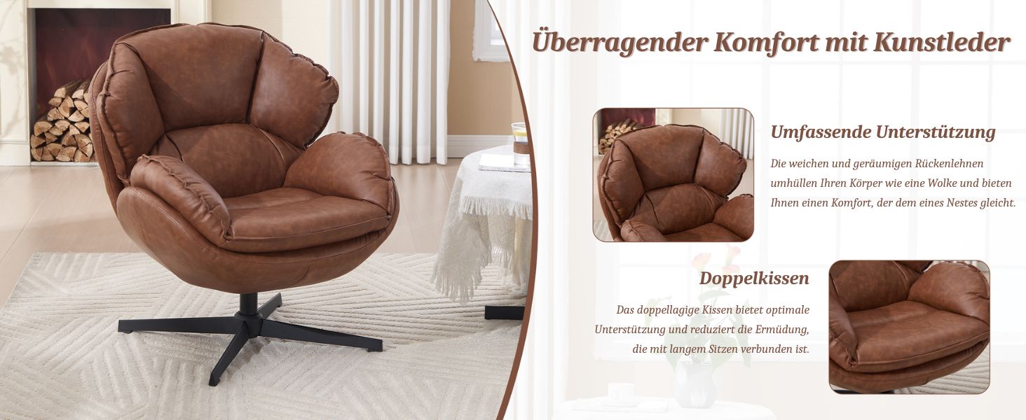 Text: 'Überragender Komfort mit Kunstleder'. Mehrere Ansichten eines braunen Lederdrehsessels mit geschwungenem Design und sternförmigem Gestell. Zeigt die Komfortmerkmale des Stuhls aus verschiedenen Blickwinkeln.