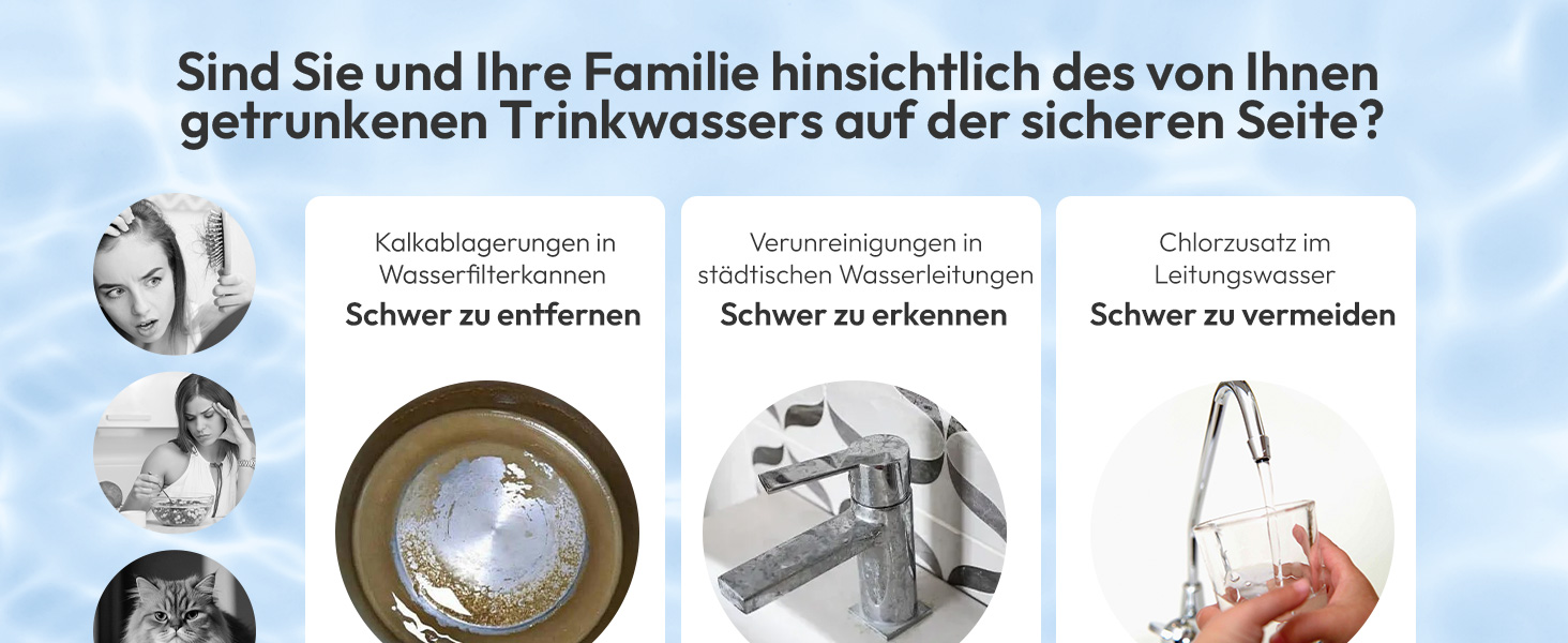 Text in Deutsch zeigt Anweisungen zur Wassersicherheit. Eine Reihe von Anleitungen, die die korrekte Handhabung und Installation der Komponenten des Wasserfiltersystems demonstrieren.