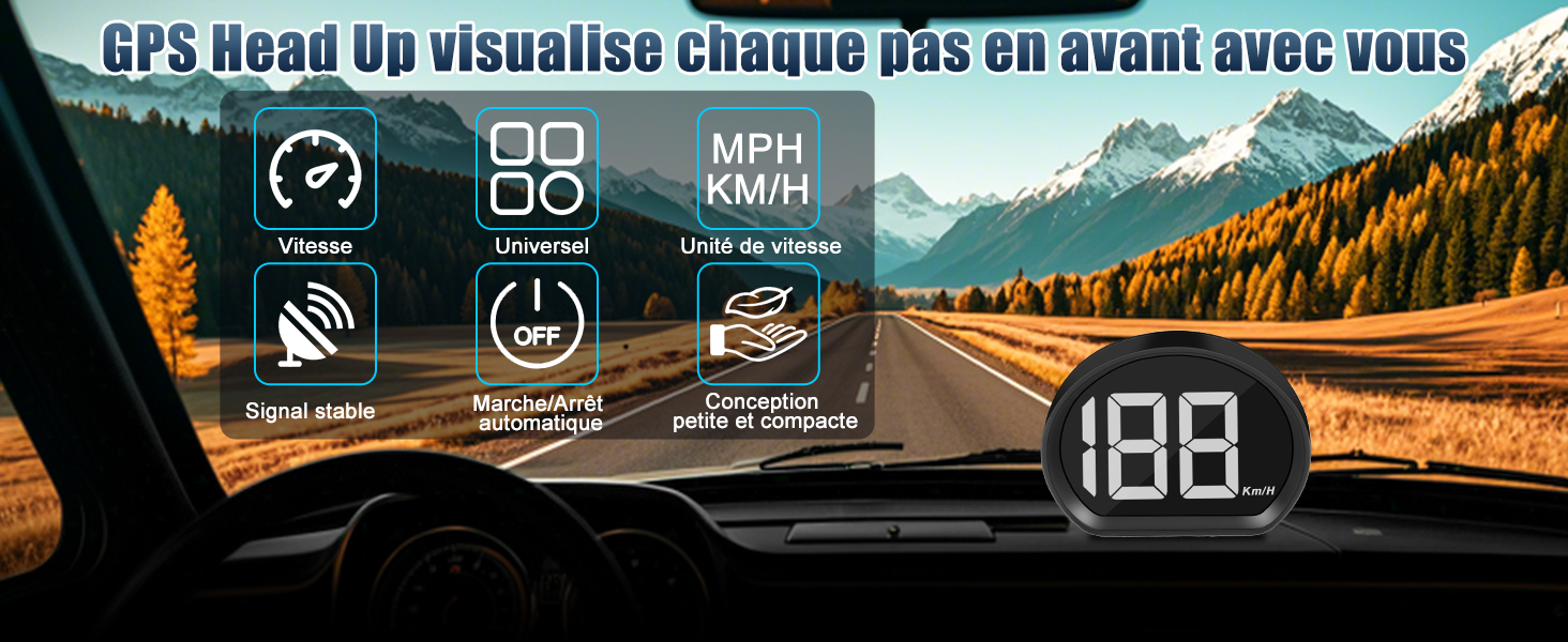 Head-up display del cruscotto dell'auto che mostra informazioni su velocità, navigazione e guida sovrapposte a una scena di strada di montagna