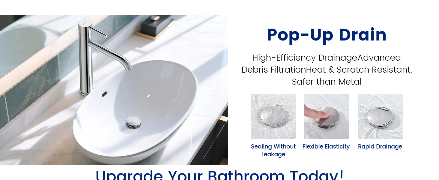 Text reads 'Pop-Up Drain'. Sequence showing bathroom sink drain mechanism with pop-up functionality in various stages of operation.