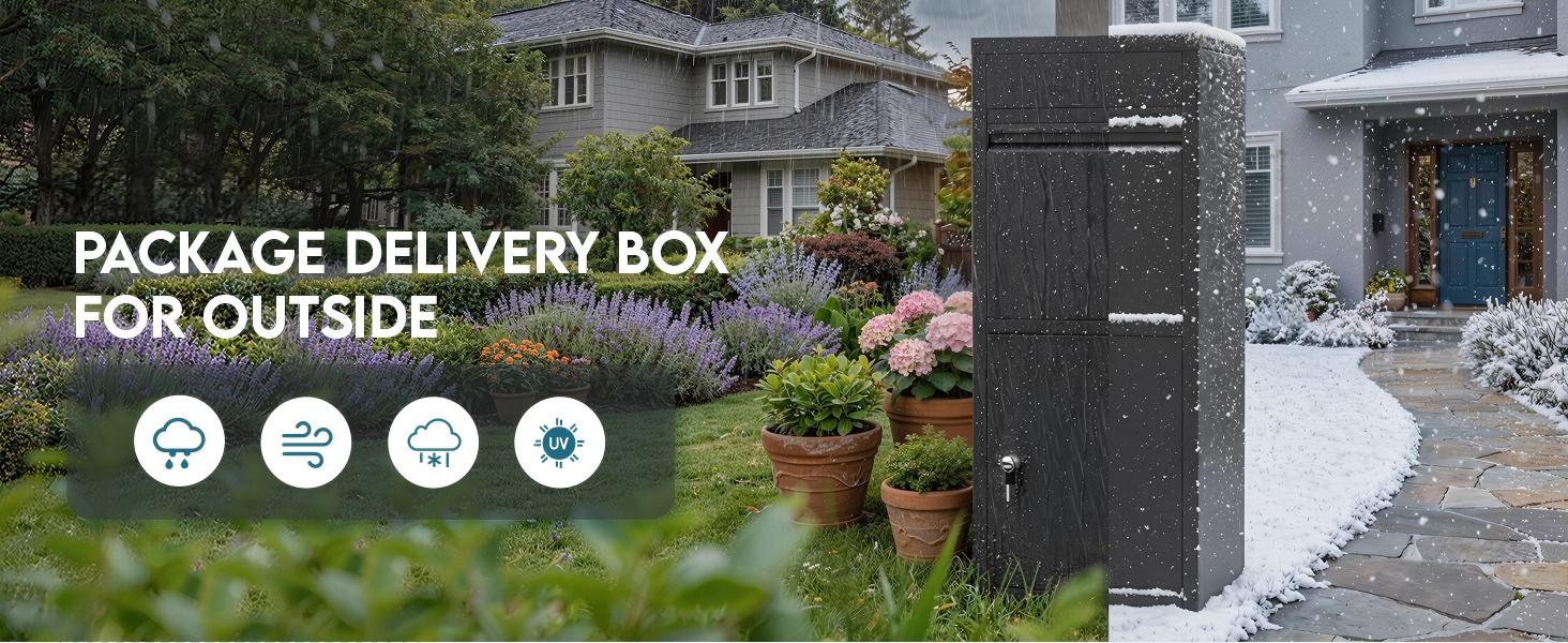 Text reads 'PACKAGE DELIVERY BOX FOR OUTSIDE'. Image shows dark gray/black delivery box installed outside residential home with garden, featuring four circular icons below indicating features.