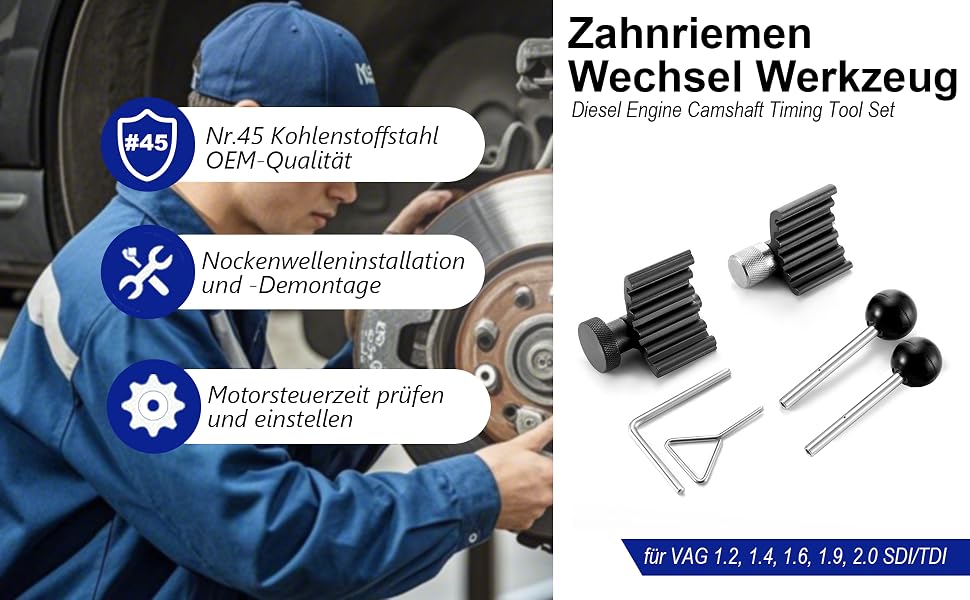 Der Text lautet: „Zum mühelosen Wechsel Werkzeug“. Reihe von technischen Abbildungen, die mechanische Werkzeugkomponenten und Montageschritte zeigen.