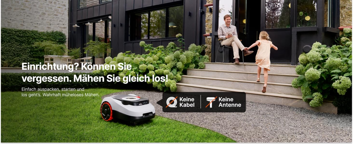 Der Text lautet „Einfach nicht kommen oder vergessen, Mähen Sie gleich los“. Außenaufnahmen eines modernen Hauses mit Rasen und Auffahrt.