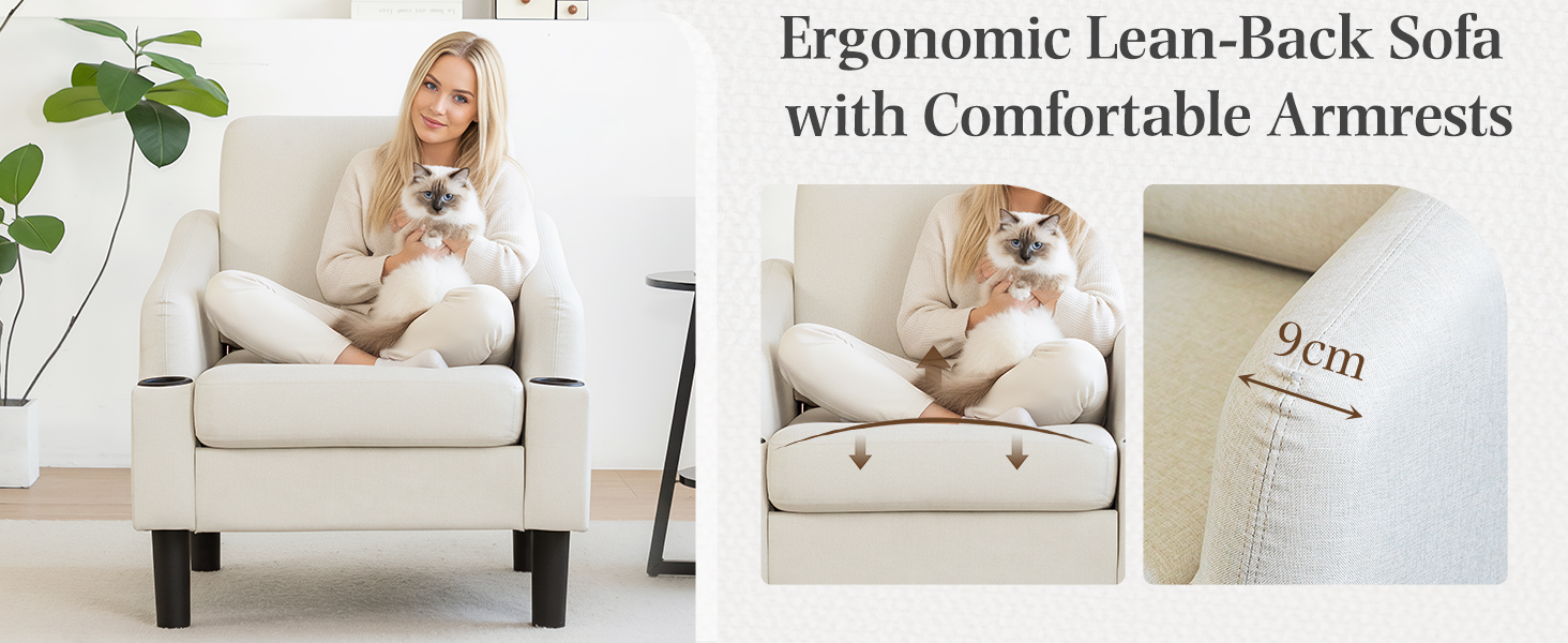 Text reads: 'Ergonomic Lean-Back Sofa with Comfortable Armrests'. White upholstered chair shown with light gray cat resting on cushions.