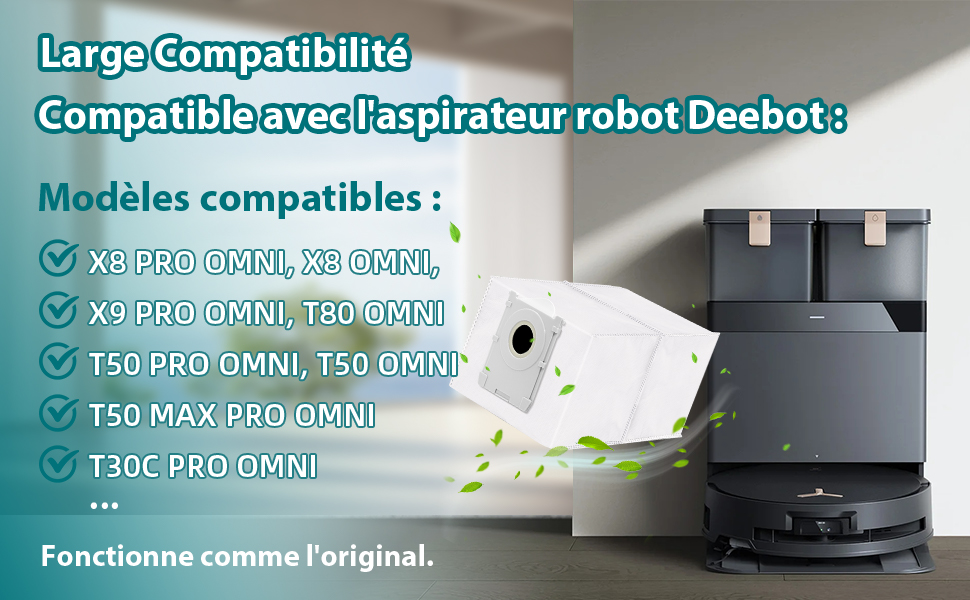 with charging station. The text lists compatible models, including the X8 PRO OMNI, X9 PRO OMNI, T50 PRO OMNI, and T30C PRO OMNI. Emphasizes broad compatibility.