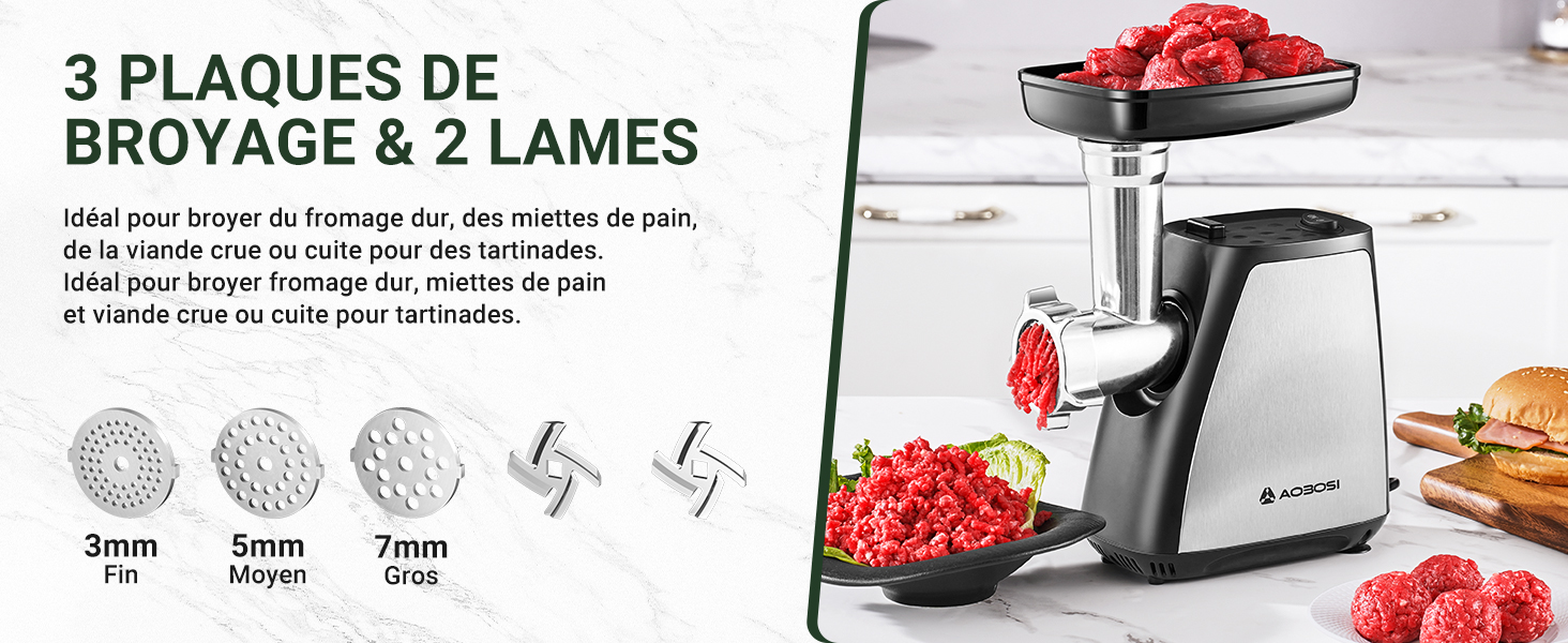 avec plusieurs plaques de broyage et lames. L'image montre un appareil qui broie de la viande rouge, avec un texte décrivant « 3 PLAQUES DE BROYAGE ET 2 LAMES