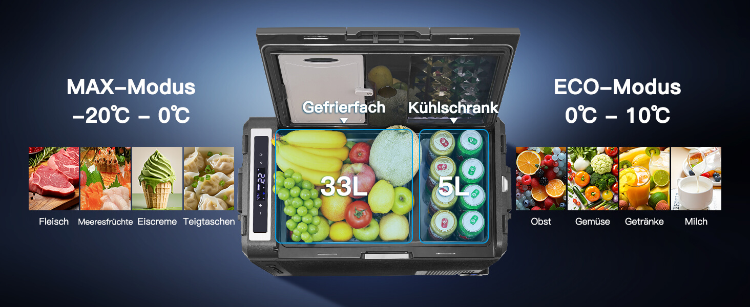 Tragbarer Kühlschrank mit zwei Fächern: Gefrierfach (-20 °C bis 0 °C) und Kühlschrank (0 °C bis 10 °C). Fassungsvermögen 35 l, bietet Platz für verschiedene Lebensmittel in jedem Bereich.