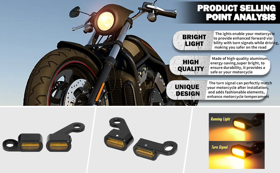 Motorcycle turn signal lights with bright yellow illumination. Four black mounting brackets shown. Product features include bright light, high quality, and unique design.