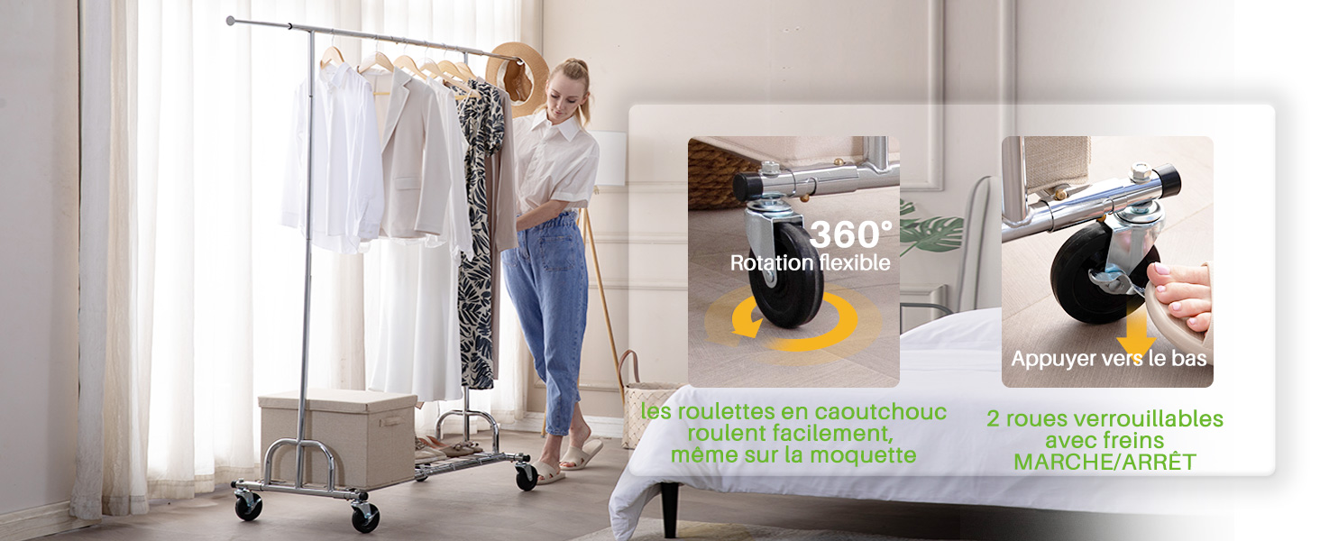 Publicité de produit montrant une démonstration de porte-vêtements. Texte visible : « Plus de 1 500$ par mois » et « Horaire flexible » superposés sur une image en panneau divisé montrant la scène de l'organisation vestimentaire.