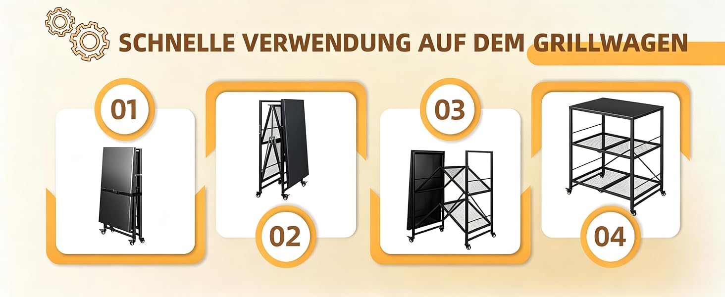 Der Text lautet „SCHNELLE VERWENDUNG AUF DEM GRILLWAGEN“ mit den nummerierten Schritten 01-04. Zeigt die Reihenfolge der Montage des Grillwagens: vertikale Aufbewahrungseinheit, zusammengeklappter Wagenaufbau und Regalrahmen aus Streckmetall auf beigem Hintergrund.