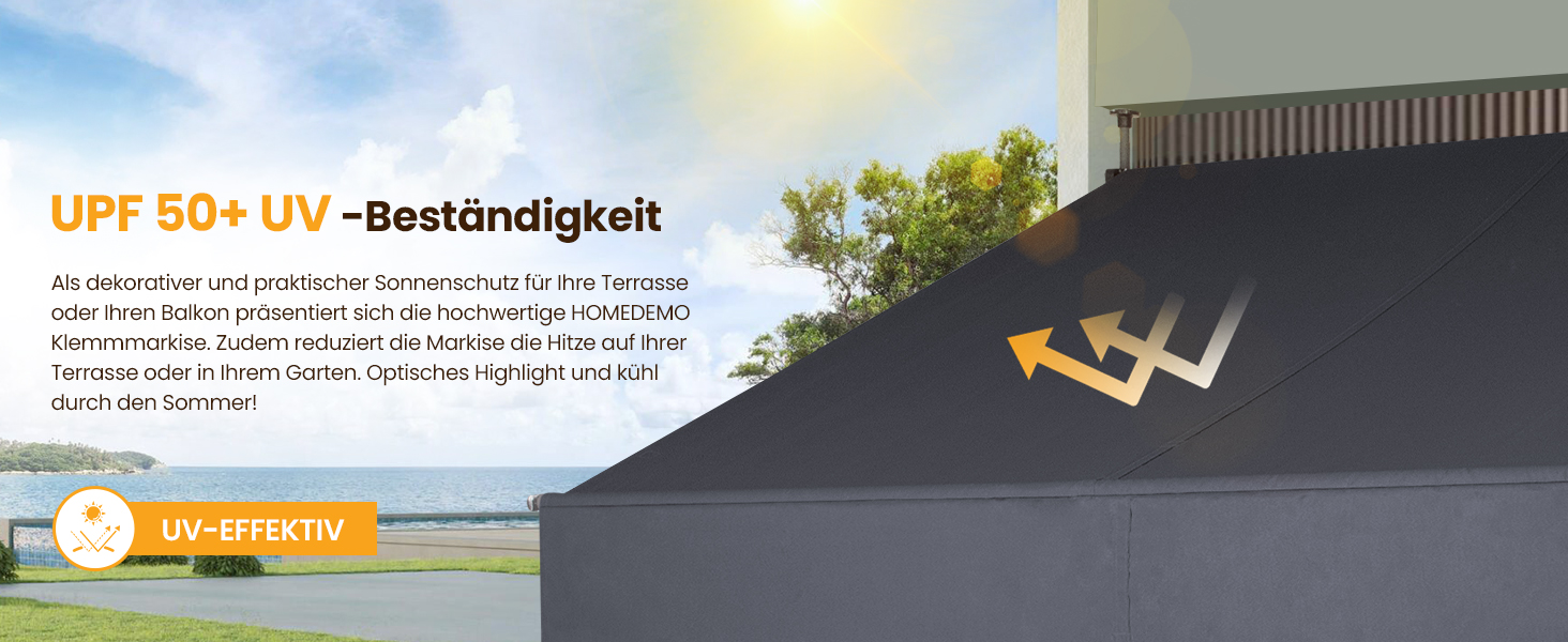 Ausziehbare Markise über dem Terrassenbereich. Im Text steht „UPF 50+ UV-Beständigkeit“, was auf die UV-Schutzfunktion der Markise hinweist.
