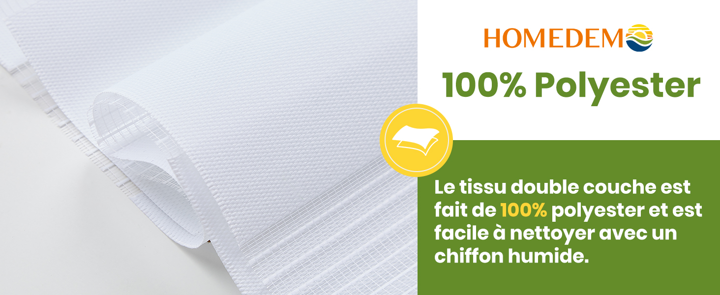 Gros plan de la texture d'un tissu blanc avec un texte superposé indiquant « 100 % polyester » et décrivant un nettoyage facile avec