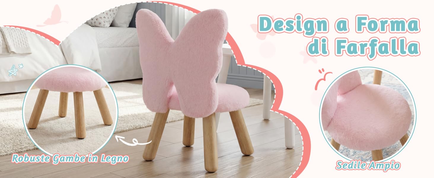 Il testo recita «Design a Forma di Farfalla». Vista ravvicinata dello sgabello rosa a forma di farfalla, che evidenzia la struttura delle gambe in legno e la morbida seduta imbottita.