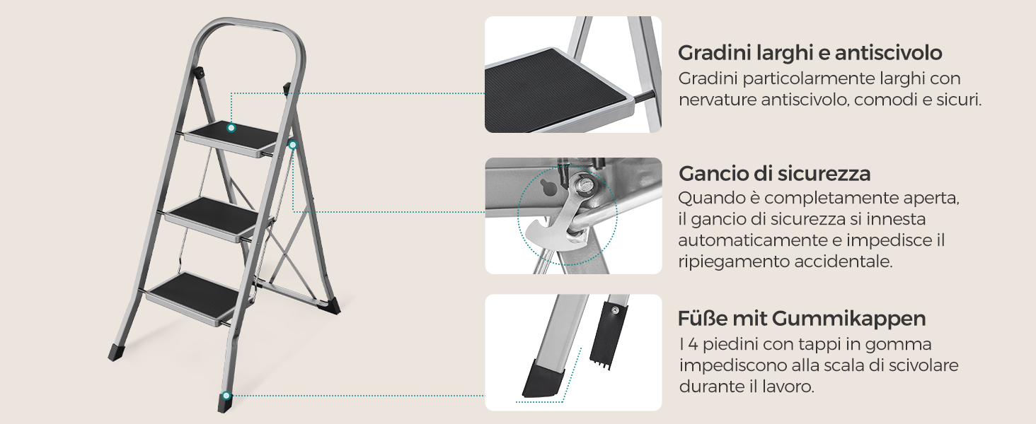 Scaletta Pieghevole SONGMICS 3 Gradini - Portante 150kg, Grigio, Compatta E Sicura - Foto 6