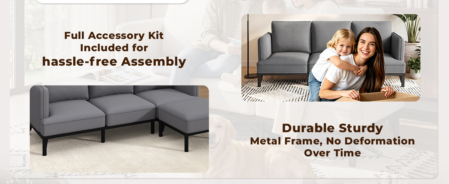 Text reads 'Full Accessory Kit Included for hassle-free Assembly' and 'Durable Sturdy Metal Frame, No Deformation Over Time.' Gray modular sectional sofa with couple sitting, shown from two angles.