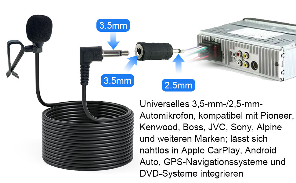 Text reads 'Universelles 3.5mm-2.5mm-Audiokabel'. Technical diagram showing various audio cable connections and adapters with measurements of 3.5mm and 2.5mm indicated.