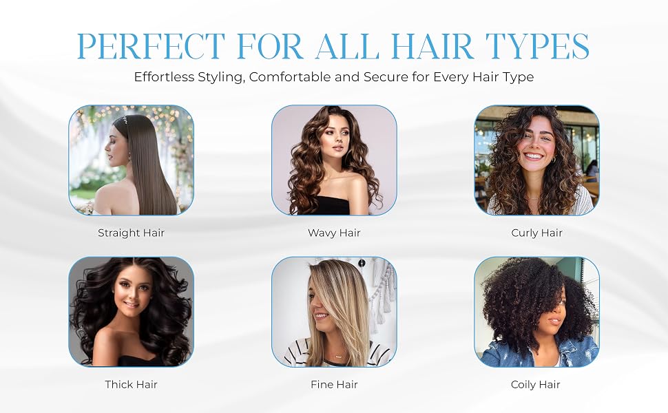 Text reads 'PERFECT FOR ALL HAIR TYPES'. Series of hair styling demonstration images showing different curl patterns and styling results on various hair types.