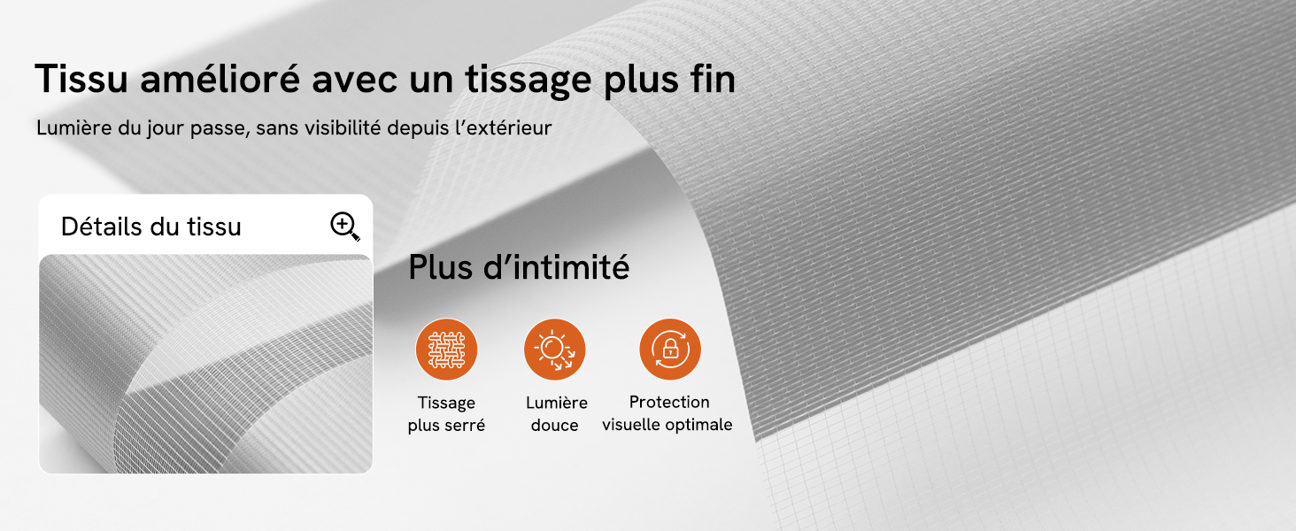 Le texte indique « Tissu amélioré avec un tissage plus fin » et « Plus d'intimité » avec des icônes caractéristiques. Gros plan de la texture du tissu tissé avec les détails du produit affichés.