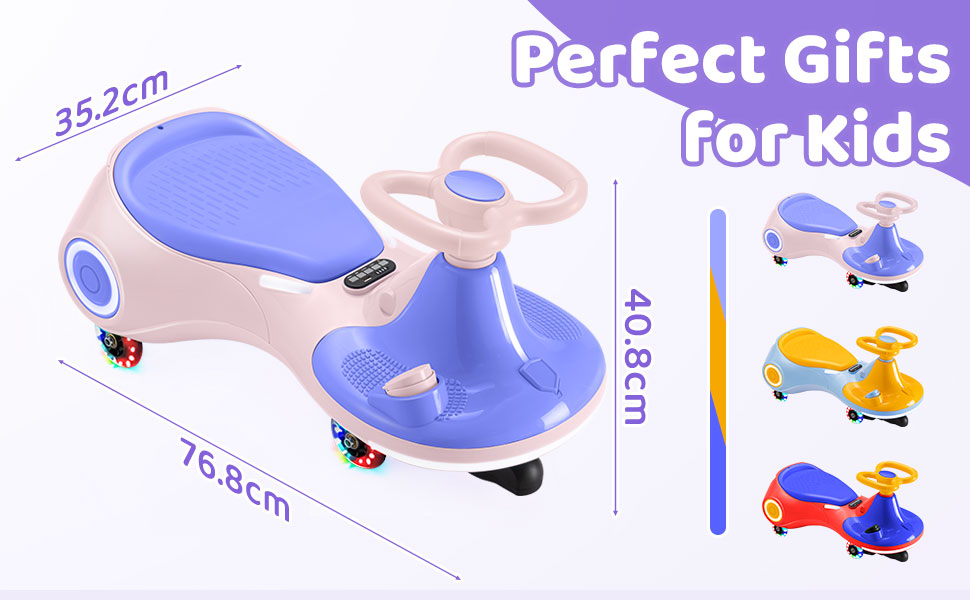 Text reads 'Perfect Gifts for Kids', dimensions '35.2cm' and '76.5cm'. Blue and white ride-on toy scooter with three colorful vehicle options displayed.