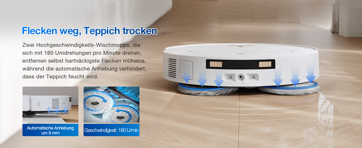 Der Text lautet „Flecken weg, Teppich trocken“ und die Produktspezifikationen zeigen 9 mm und 160 U/min. Weiße, aufrecht stehende Teppichreinigungsmaschine auf Holzboden mit blauen Akzenten und Produktmerkmalen.