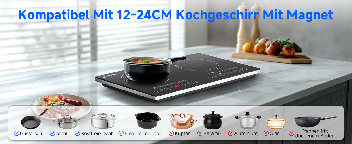 Tragbares Induktionskochfeld auf der Küchentheke mit Topf. Verfügt über 9 Kochmodi, darunter Timer, Boost und Temperaturregelung. Kompatibel mit magnetischem Kochgeschirr von 12 bis 24 cm