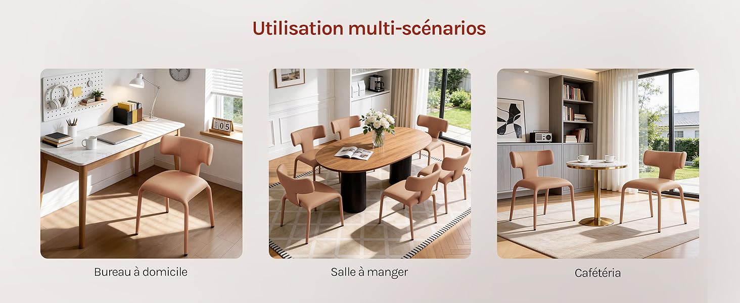Le texte se lit comme suit : « Utilisation multi-scénarios » et « Compatible avec la plupart des types de voiturettes de golf ». Plusieurs images montrant la disposition des tables à manger dans différents environnements de la pièce.