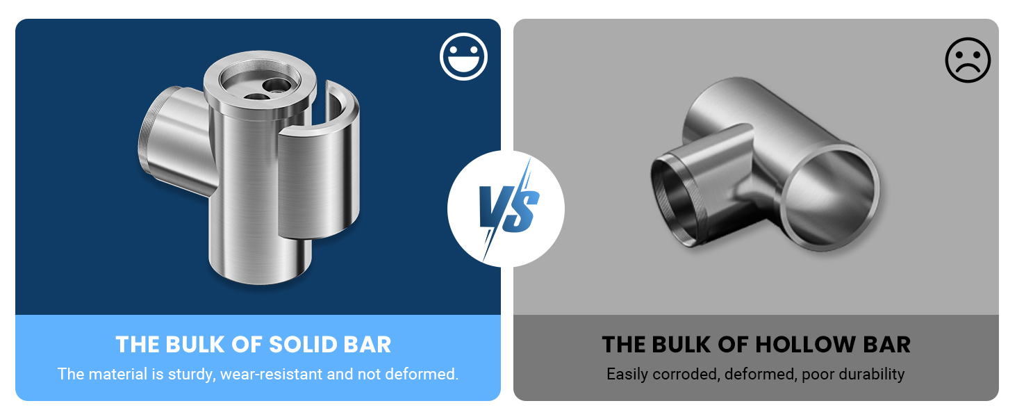 Comparison diagram showing solid metal bar fitting versus hollow bar fitting, illustrating structural differences in metal plumbing or industrial components.