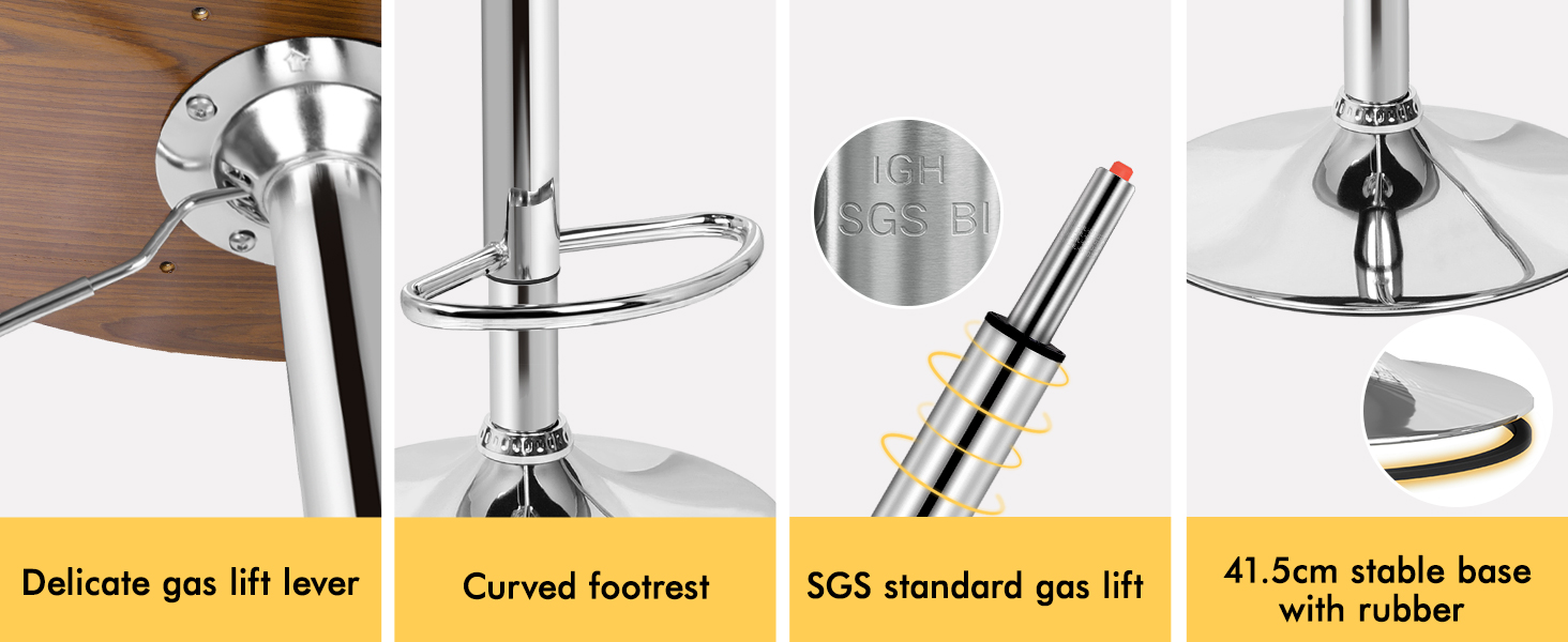 Text reads 'Delicate gas lift lever', 'Current footrest', 'SGS standard gas lift', '41.5cm visible base with rubber'. Technical diagram showing chair parts and specifications.